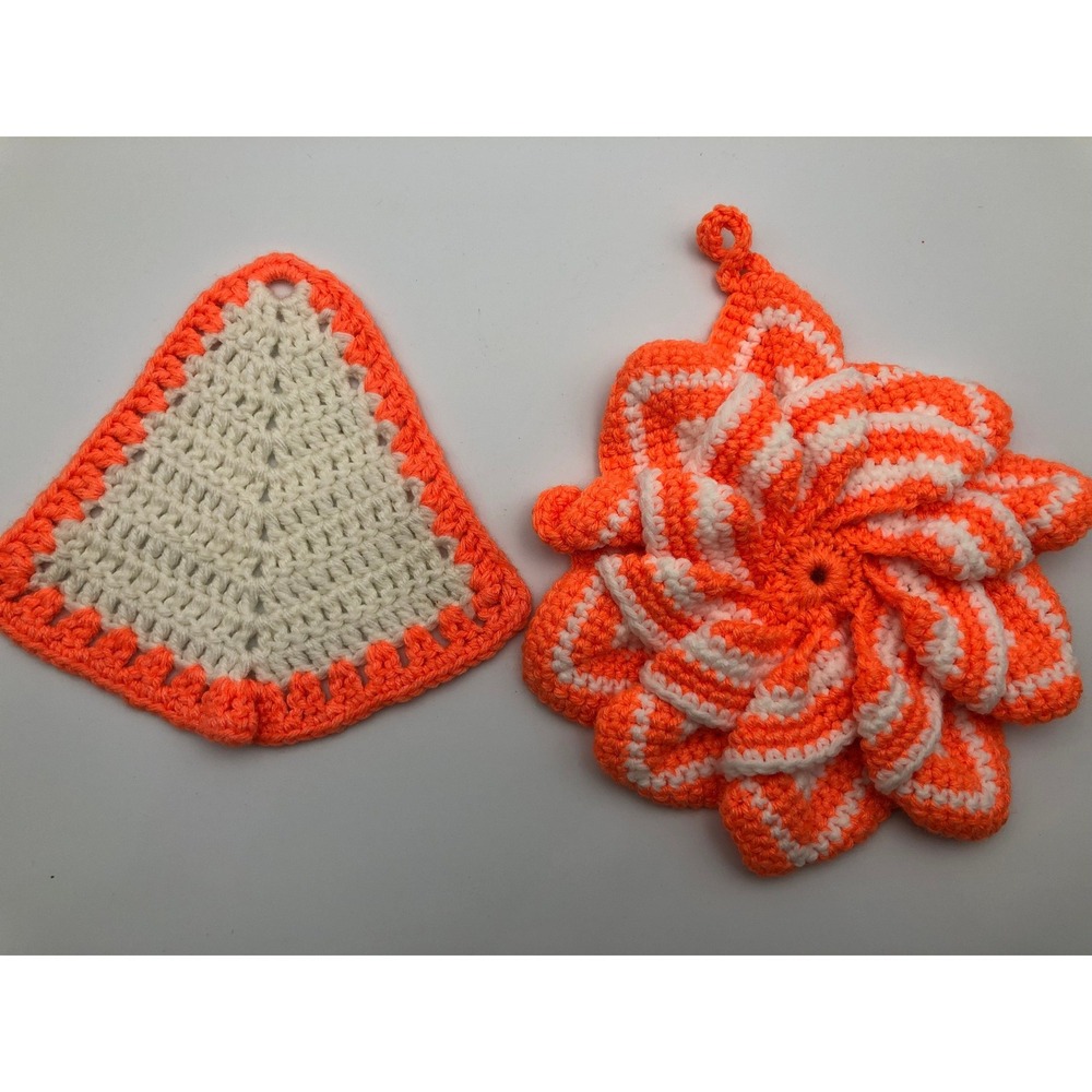 Vintage Style Crochet Pumpkin Pie & Swirl Potholder Set Autumn Thanksgiving